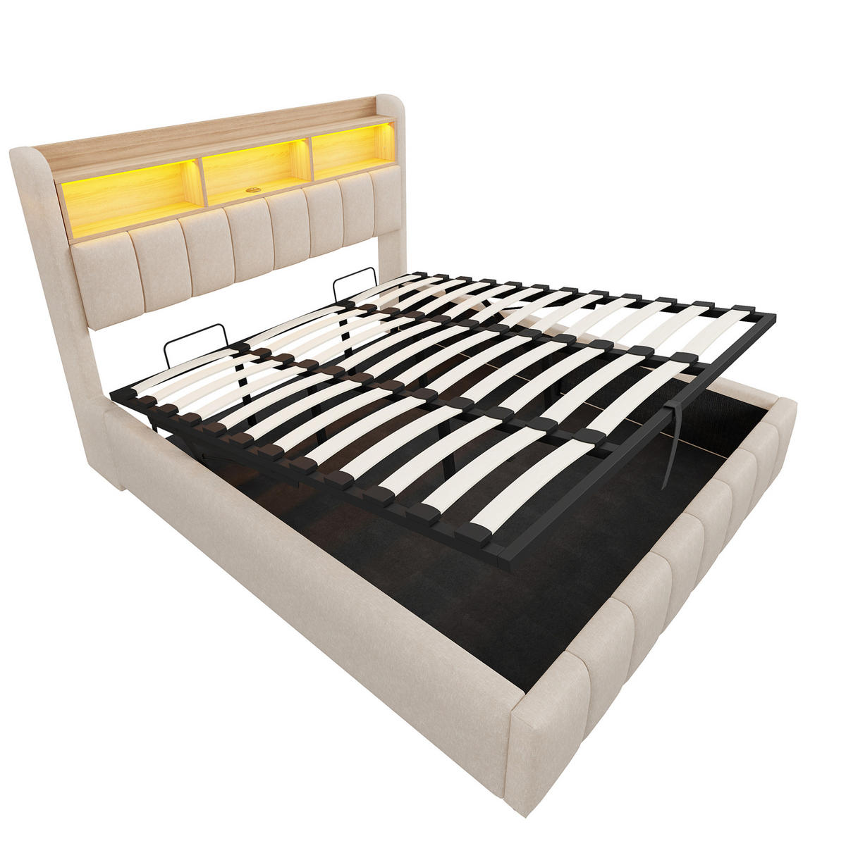 ČALOUNĚNÁ postel 180/200 cm z lněné tkaniny béžová s LED osvětlením, USB a úložným prostorem - béžová, textil (180/200cm) - BEAOK