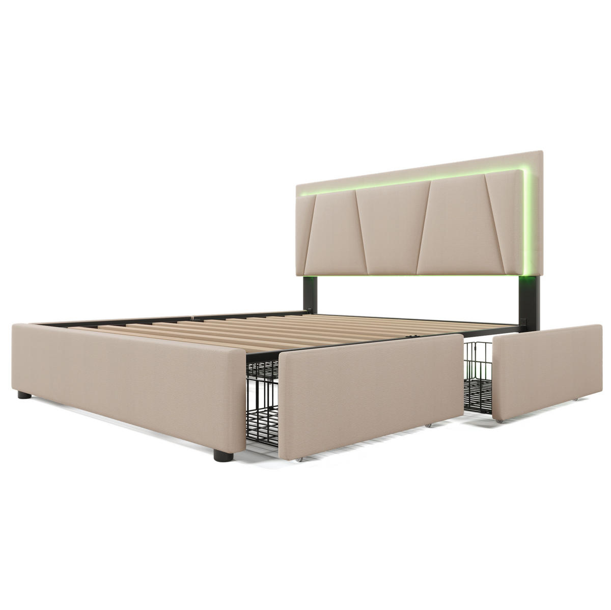 POLSTERBETT 160/200 cm mit LED-Beleuchtung, 4 Schubladen und verstellbarem Kopfteil - Beige, Holz (160/200cm) - BEAOK