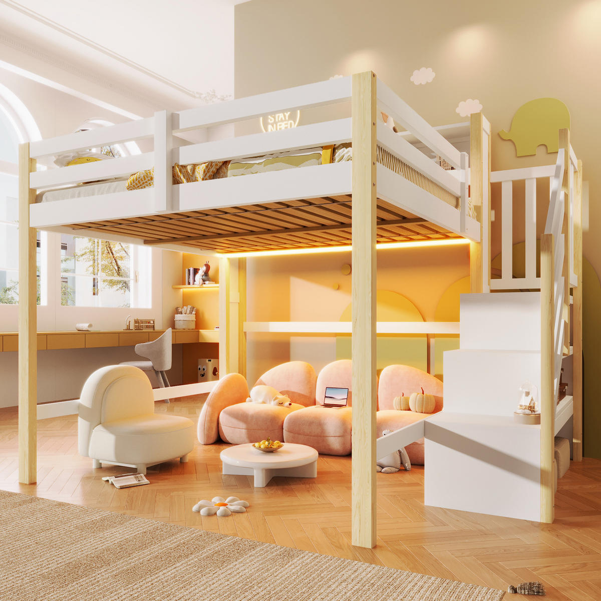 HOCHBETT 140/200 cm in Weiß & Natur mit LED, Stauraum und Ablageleiter - Weiß/Naturfarben, Holz/Holzwerkstoff (140/200cm) - CHICFURN