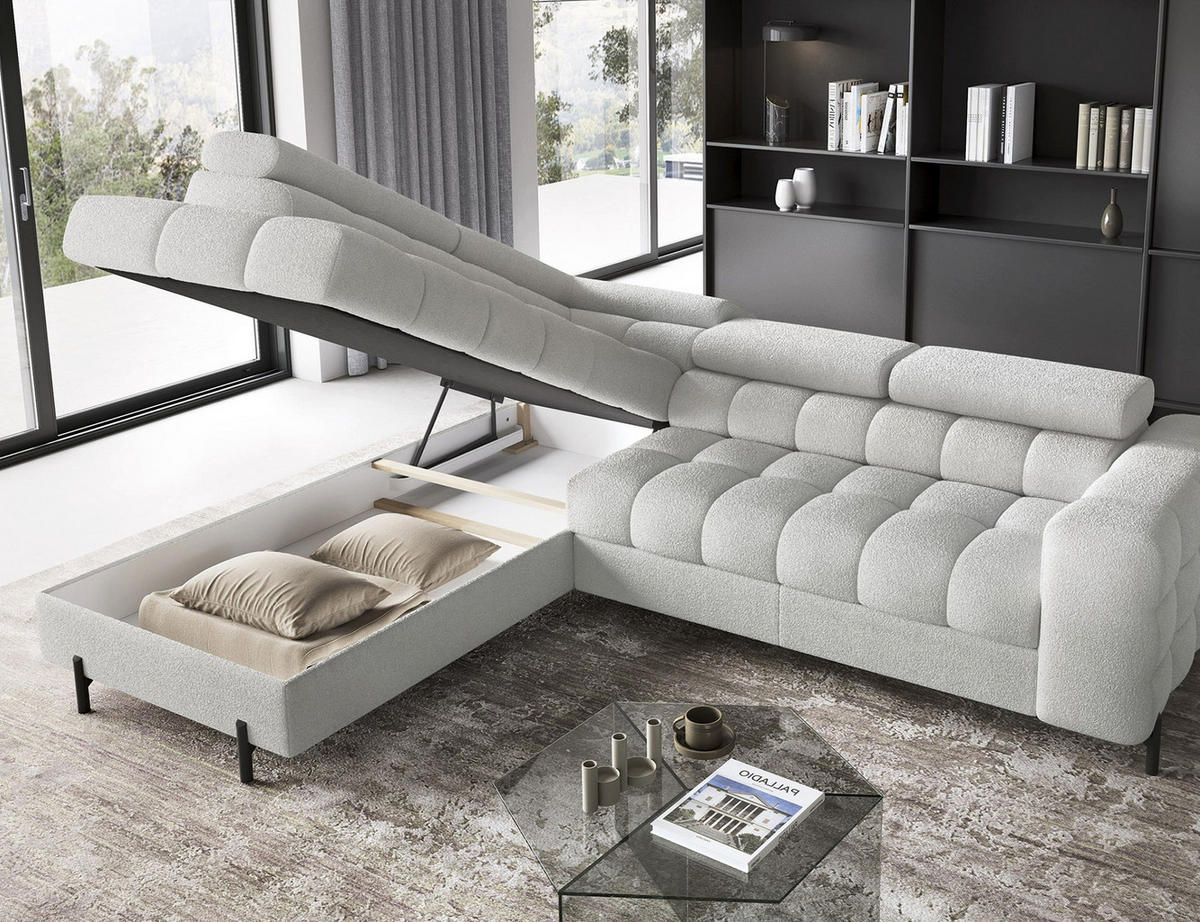 WOHNLANDSCHAFT FERUCCE Ecksofa L-Form – Polsterecke mit Schlaffunktion, Bettkasten & verstellbaren Kopfstützen 276 cm - Creme/Hellgrau, Kunststoff (276/200cm) - Wohnideebilder