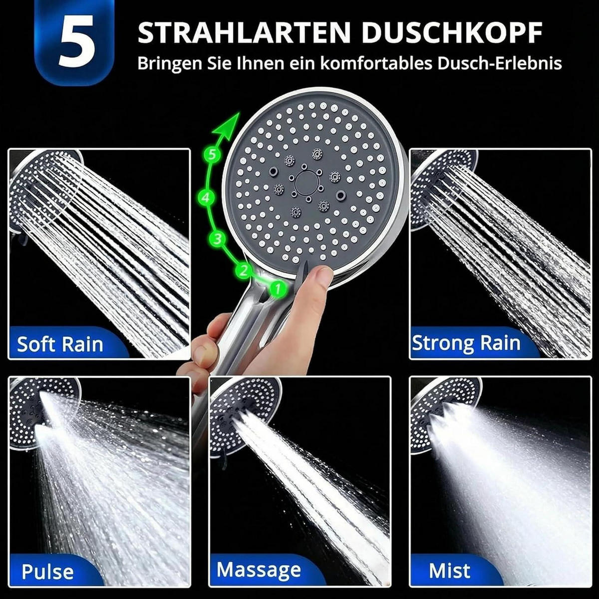 DUSCHKOPF mit Schlauch 2m 5 Strahlarten Chrom 120 mm - Silberfarben, Metall (12/12.7/27cm)