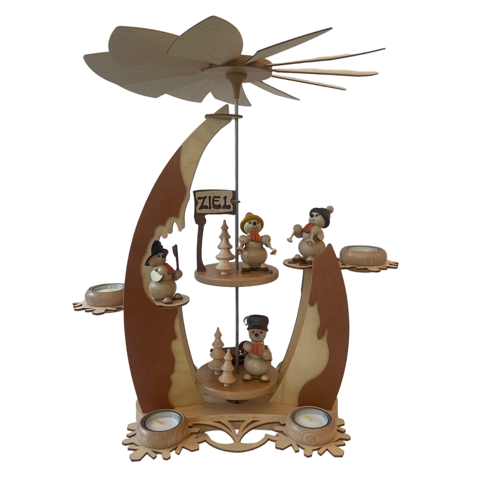 PYRAMIDE 2-stöckig Segel Schneemänner für 6 Teelichter 44/37/48 cm - Multicolor, Holz (37/48/44cm)