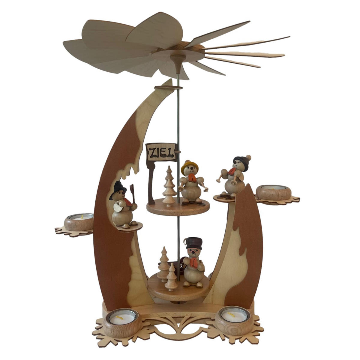 PYRAMIDE 2-stöckig Segel Schneemänner für 6 Teelichter 44/37/48 cm - Multicolor, Holz (37/48/44cm)