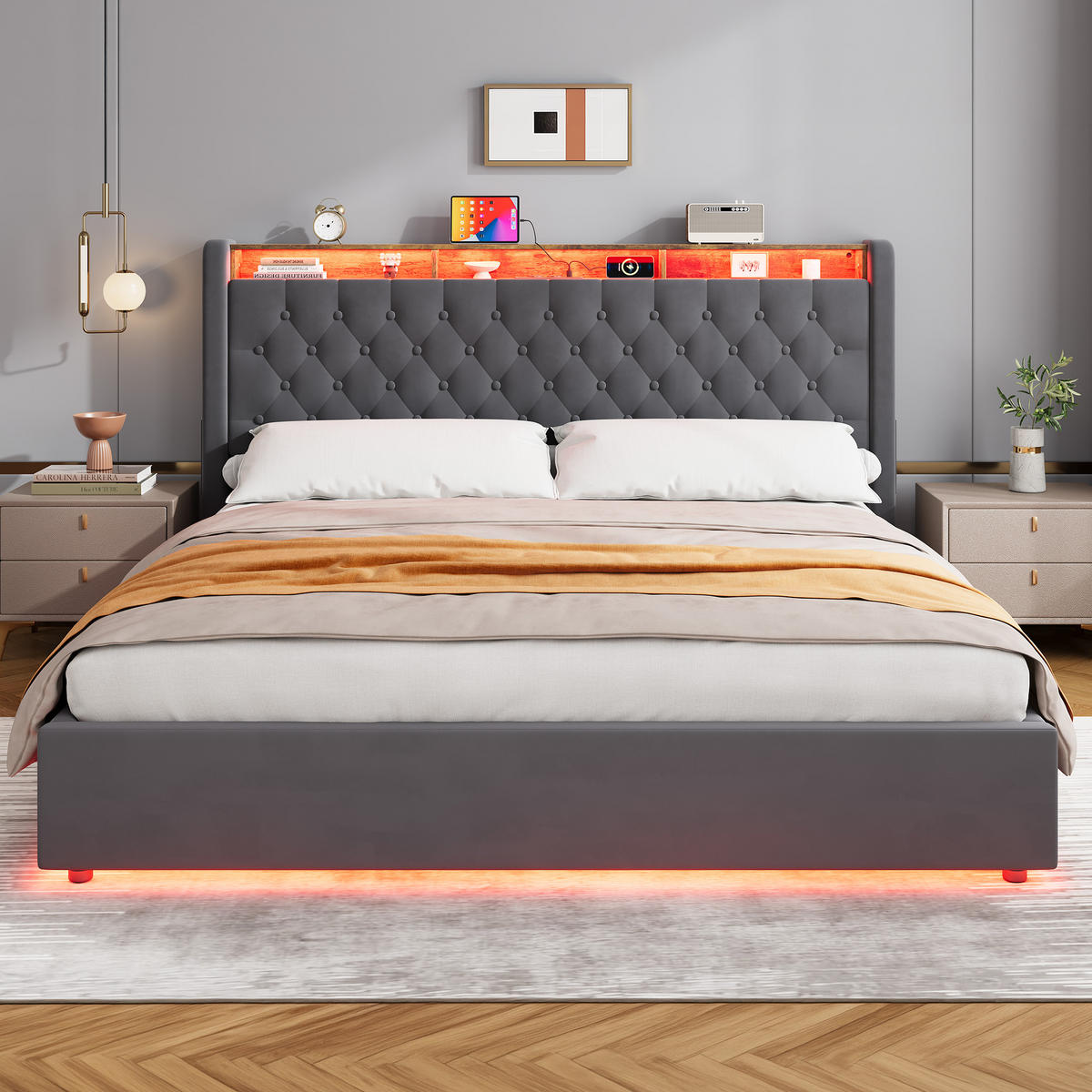 POLSTERBETT 180/200 mit Bettkasten und Stauraumbett mit Schubladen und LED Funktionbett ohne Matratze - Grau, Holzwerkstoff/Textil (180/200cm) - STILVORA