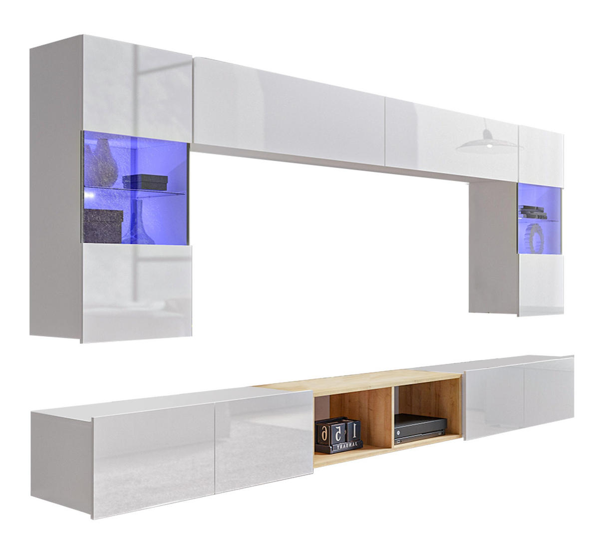 WOHNWAND Kossana 24 Modern Weiß/Goldene Eiche 300/154/43 cm Wohnzimmer Design - Weiß, Holzwerkstoff/Kunststoff (300/157/43cm) - AX Living