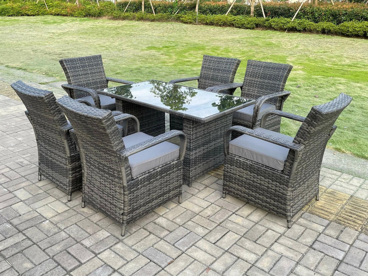 GARTENMÖBEL SET MIT RECHTECKIGEM TISCH UND 6 STÜHLEN Polyrattan Outdoor 6-Sitzer - Dunkelgrau/Grau, Glas/Kunststoff - Fimous