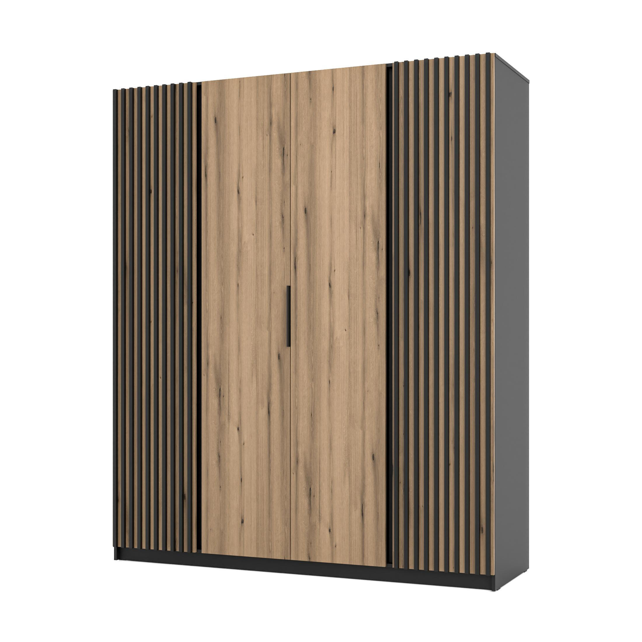 KLEIDERSCHRANK Nehir Korpus Schwarz, Front Eiche Evoke/Schwarz 200 cm - 4T Modern mit 2 Lamellentüren außen - Eichefarben/Schwarz, Holzwerkstoff/Kunststoff (200/239/61.9cm) - AX Living