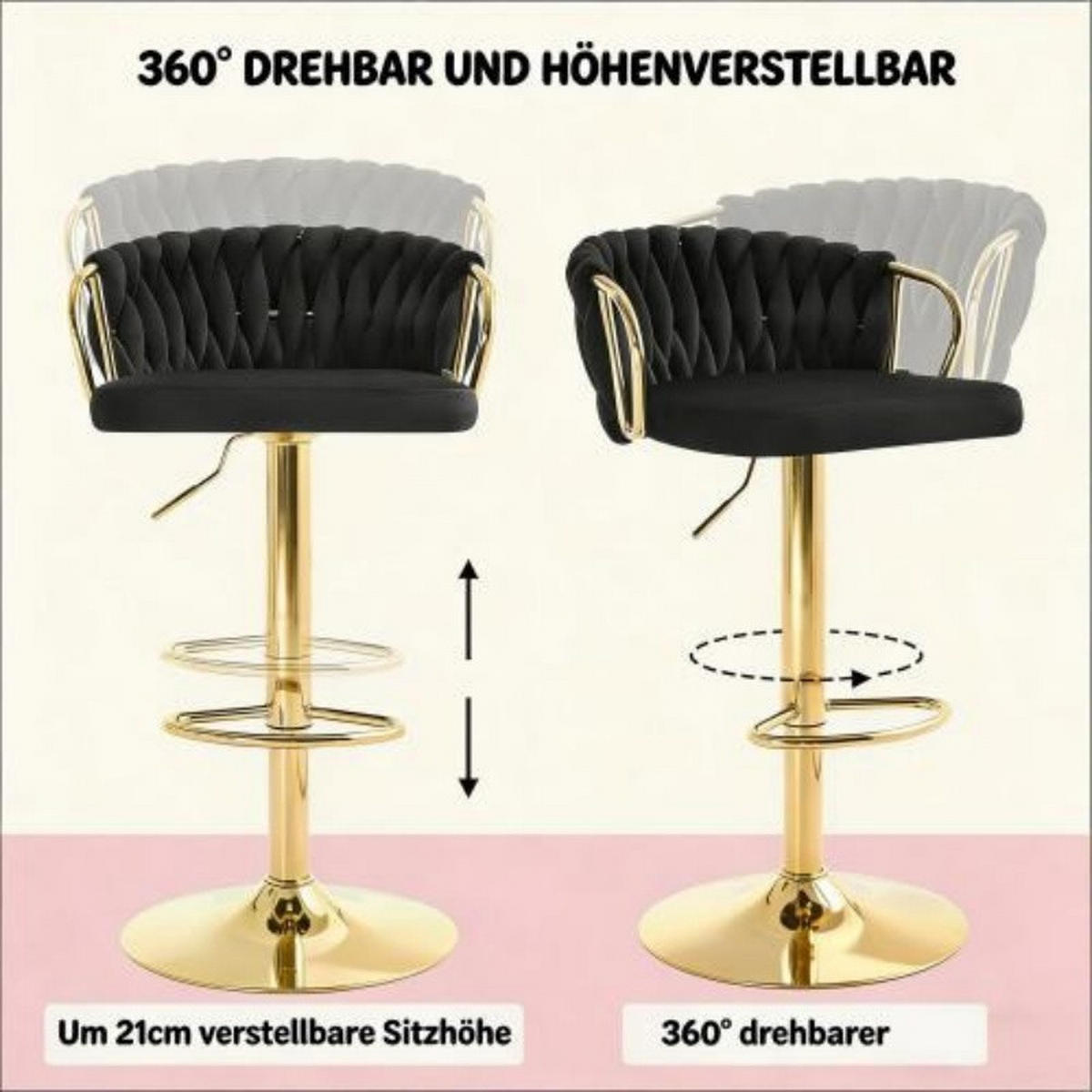 BARHOCKER höhenverstellbar 49,5 x 50,5 x 98 cm Samt Schwarz 2er-Set - Schwarz, Metall (49.5/98/50.51cm) - Meubliv