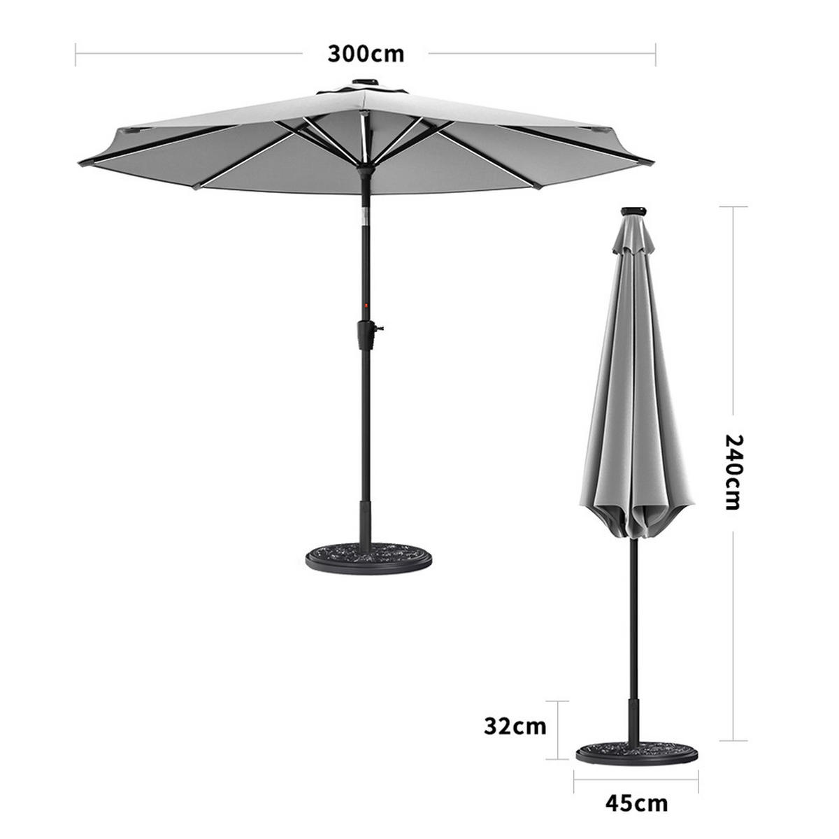 SONNENSCHIRM aus Polyester Metall in Hellgrau mit Cement-Sockel drehbar 360° neigbar 60° 3 x 2.4m Ø45 × 25 cm - Grau, Metall (300/240cm) - Livingandhome