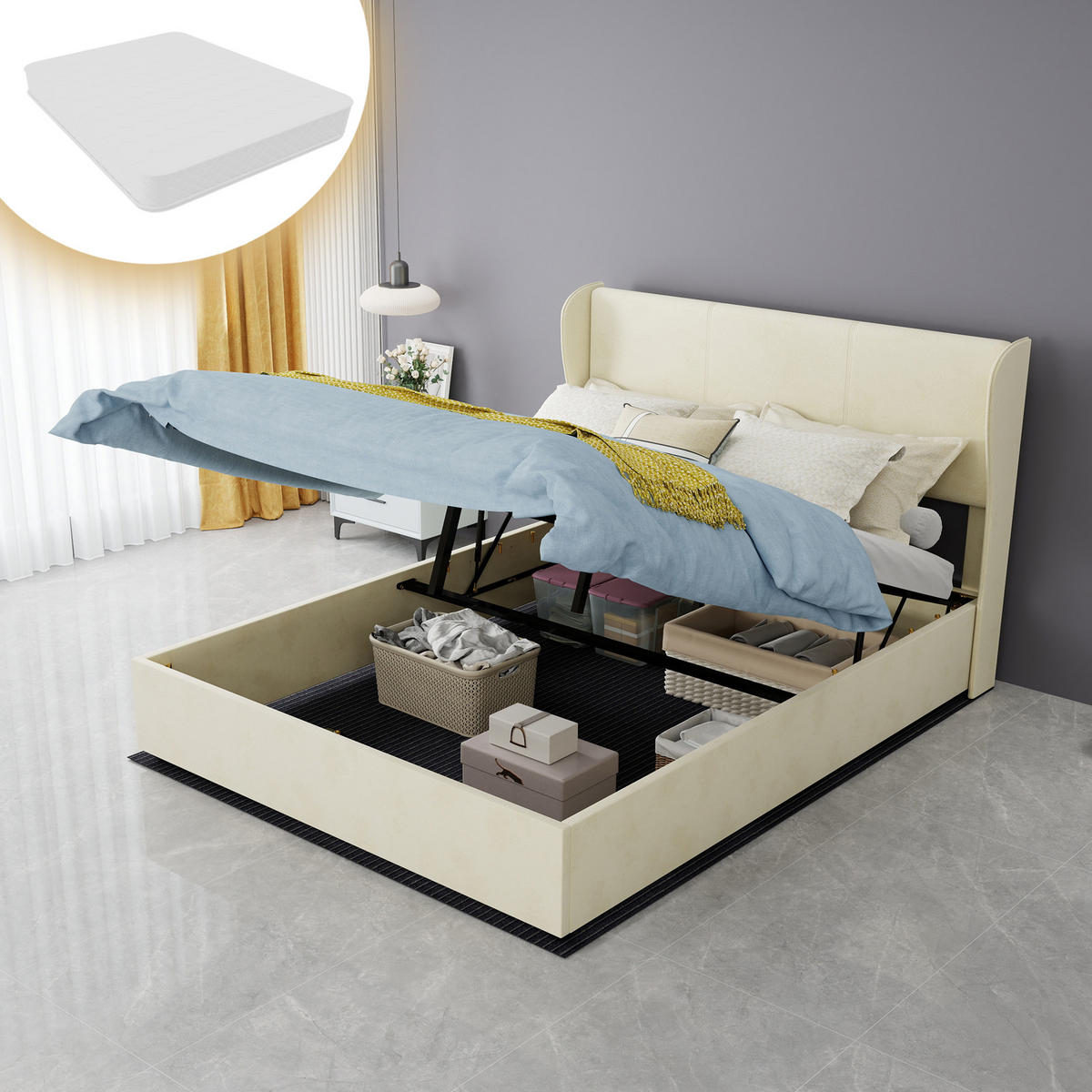 STAURAUMBETT 140/200 cm DE-32993 mit Gaslift-Stauraum und Matratze Beige - Beige, Metall (140/200cm) - ComfortXL