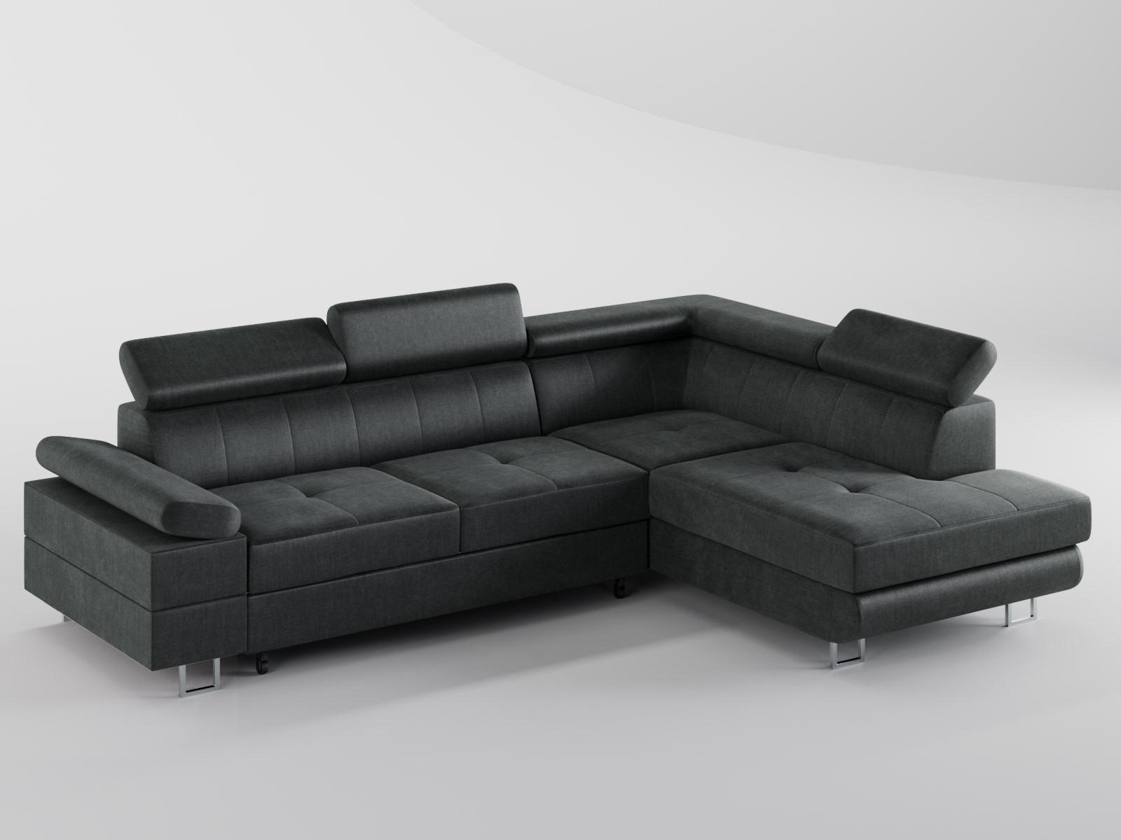 ECKSOFA CAROLINE Rechts Dunkelgrau Velours-Stoff mit Schlaffunktion und Bettkasten - Chromfarben/Dunkelgrau, Textil (253/190cm) - Barchello