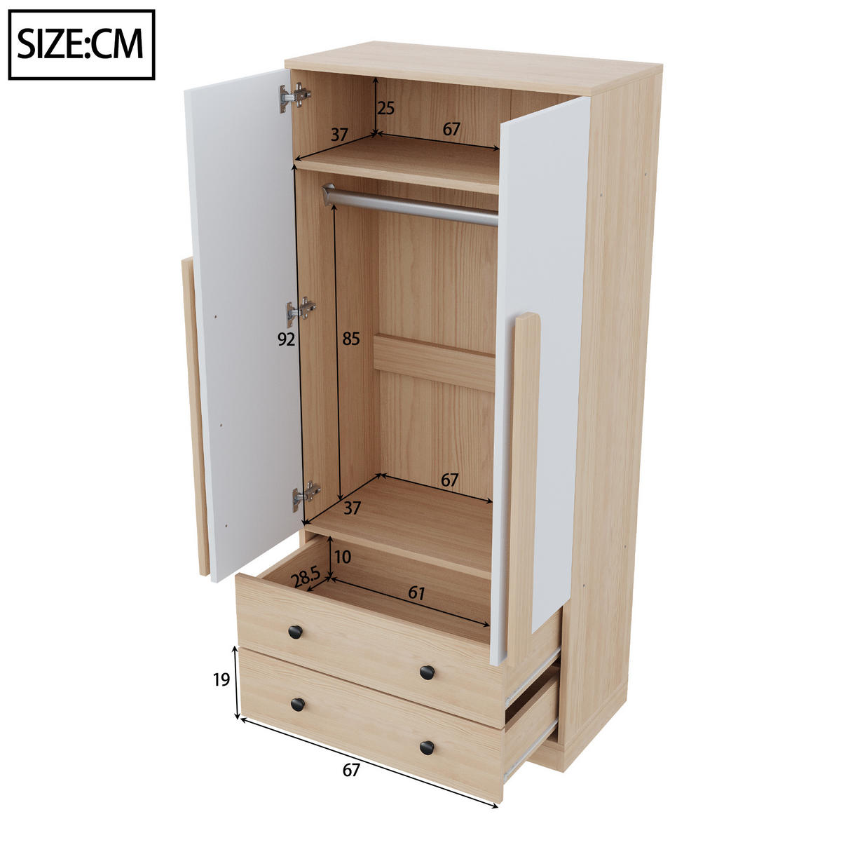 KLEIDERSCHRANK aus Holz 70x40x170 cm Natur/Weiß mit Doppeltüren und 2 Schubladen - Naturfarben, Holzwerkstoff (70/170/40cm) - Modfu