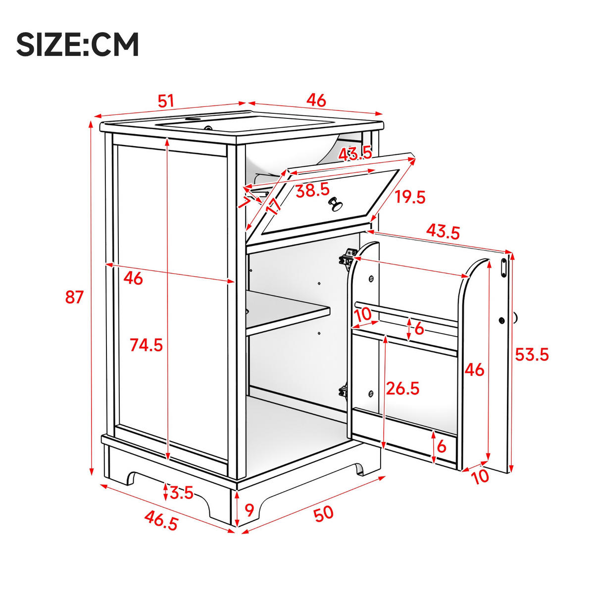 KÜCHENSCHRANK 51/87/46 cm, MDF, Weiß, KOMPLETT LACKIERT, für Badezimmer - Weiß, Holzwerkstoff (46/87/51cm) - Rolipo