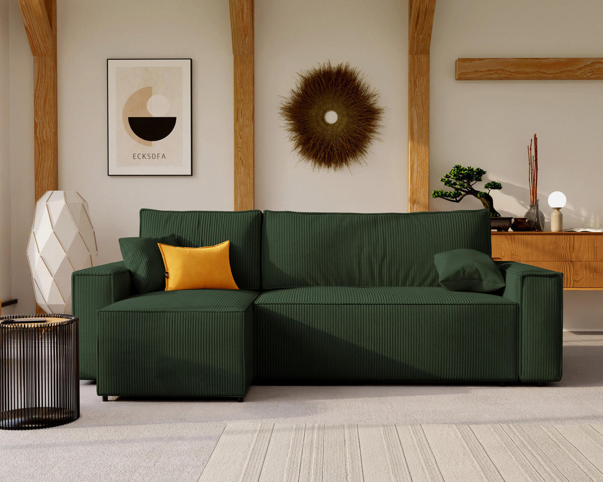 ECKSOFA Paris mit Schlaffunktion Cord - Grün, Textil (244/155cm) - Idohome