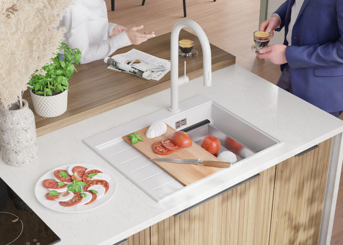 SPÜLBECKEN Sydney, 2-er set Weiß 62/50 cm 1 Becken + Ablauf-Set + Küchenzubehörset ab 40er Unterschrank - Chromfarben/Beige, Kunststoff (62/20/50cm) - Primagran