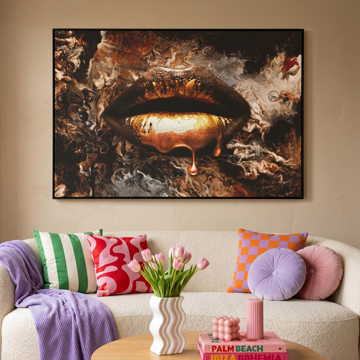 LEINWAND Bilder mit Rahmen - Gold - Lippen - Kunst - Gold - Luxus - Abstrakt - 140x90 - Kupferfarben, Textil (140/90cm) - MuchoWow