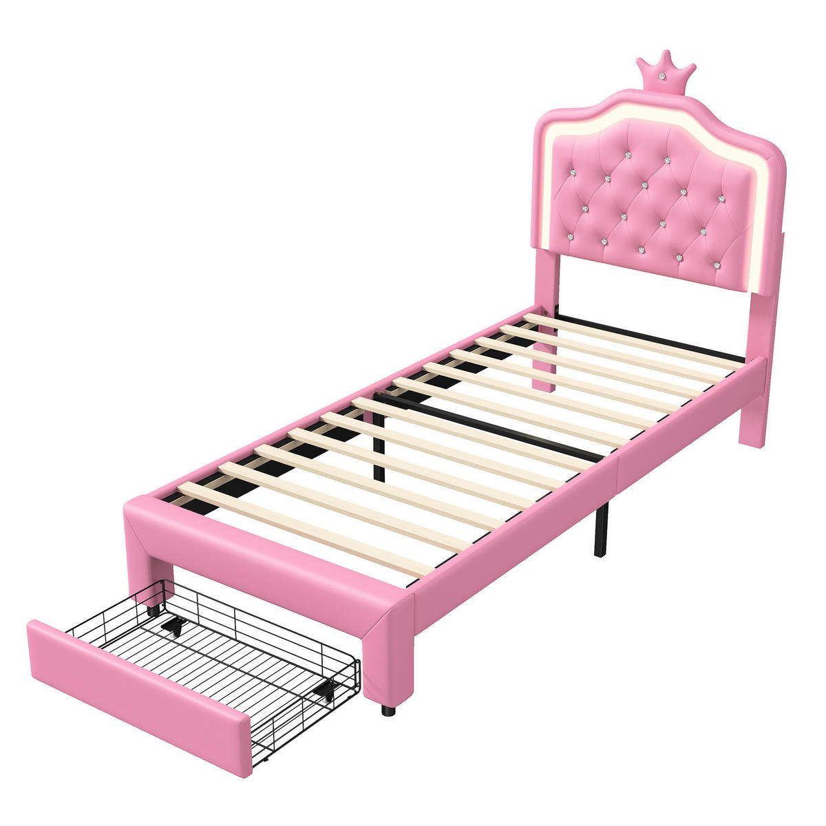 POLSTERBETT Princess Crown 90x200 cm mit höhenverstellbarem Kopfteil, PU, Lattenrost & LED-Beleuchtung, Rosa - Pink, Leder/Holz (90/200cm) - BursDany