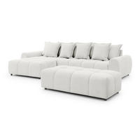 ECKSOFA inkl. Hocker Bubble mit Schlaffunktion und losen Rückenkissen, Sitzfläche in Bubble-Optik aus weichem Creme Strukturstoff - Ottomane Links - Creme/Schwarz, Holz/Kunststoff (180/306cm) - S-Style Möbel