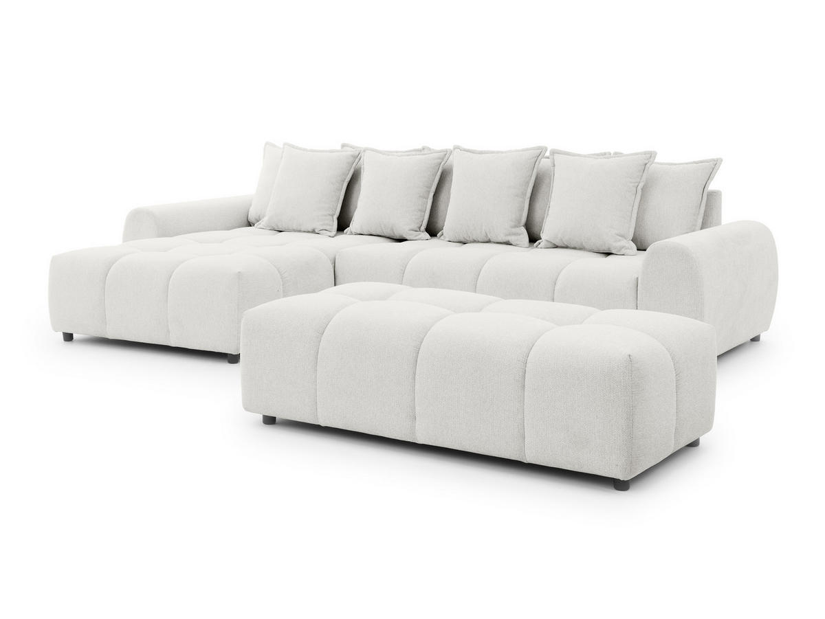 ECKSOFA inkl. Hocker Bubble mit Schlaffunktion und losen Rückenkissen, Sitzfläche in Bubble-Optik aus weichem Creme Strukturstoff - Ottomane Links - Creme/Schwarz, Holz/Kunststoff (180/306cm) - S-Style Möbel