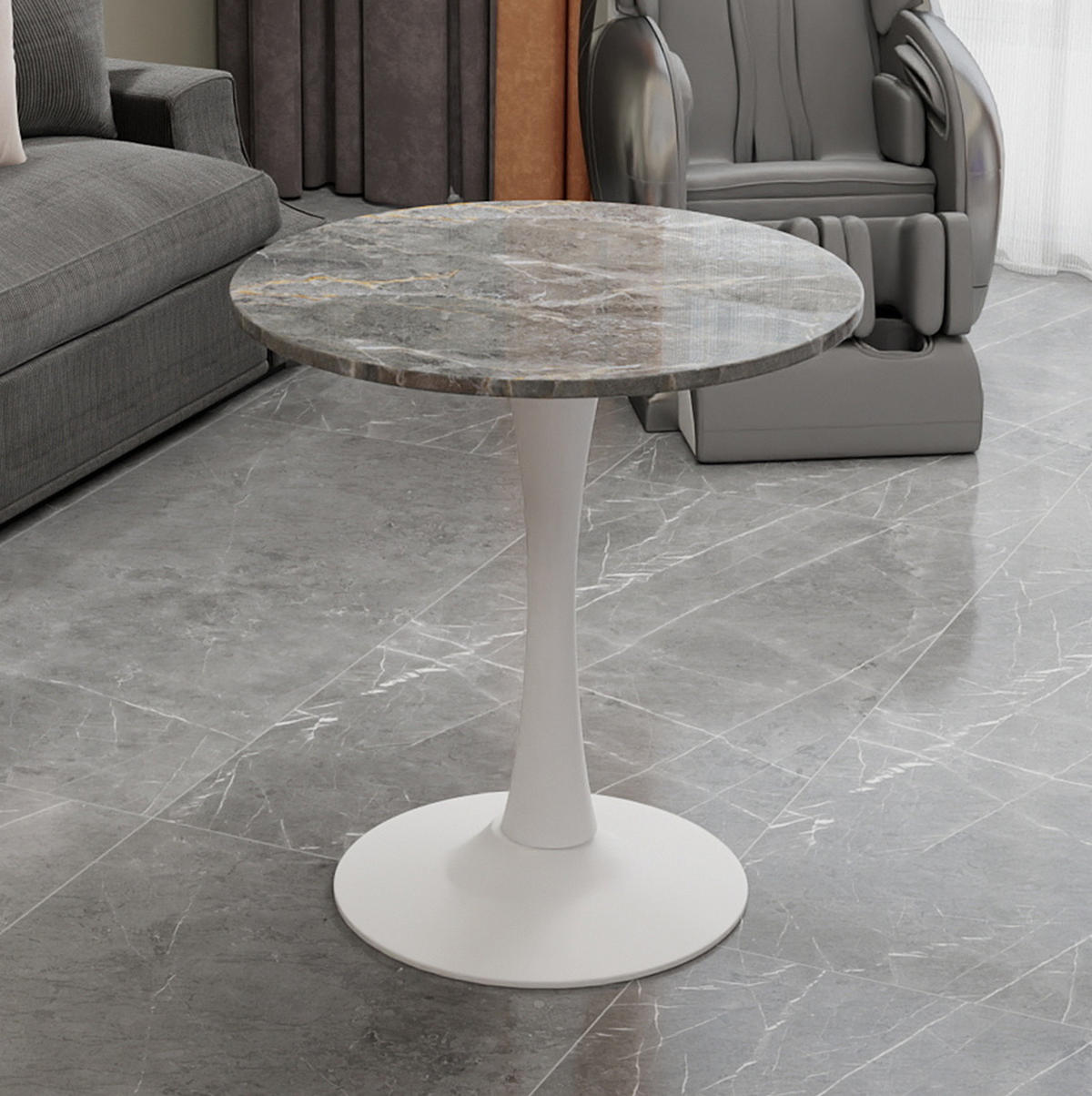 ODKLÁDACÍ stolek z umělého mramoru, průměr 70 cm, starobílá/šedá - bílá, kámen (70/70/72cm) - BEAOK