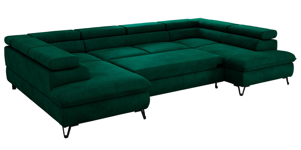 WOHNLANDSCHAFT PABLO U Velvet Dunkelgrün - Dunkelgrün/Schwarz, Textil/Metall (346/76/208cm) - MKS