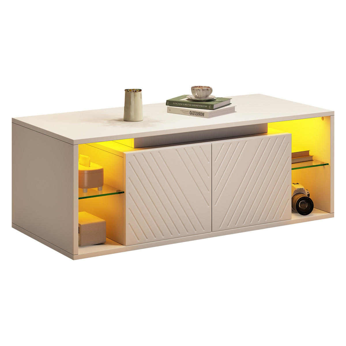 COUCHTISCH Weiß mit LED und 2 Türen 100/50/41 cm - Weiß, Holzwerkstoff (100/50/41cm)