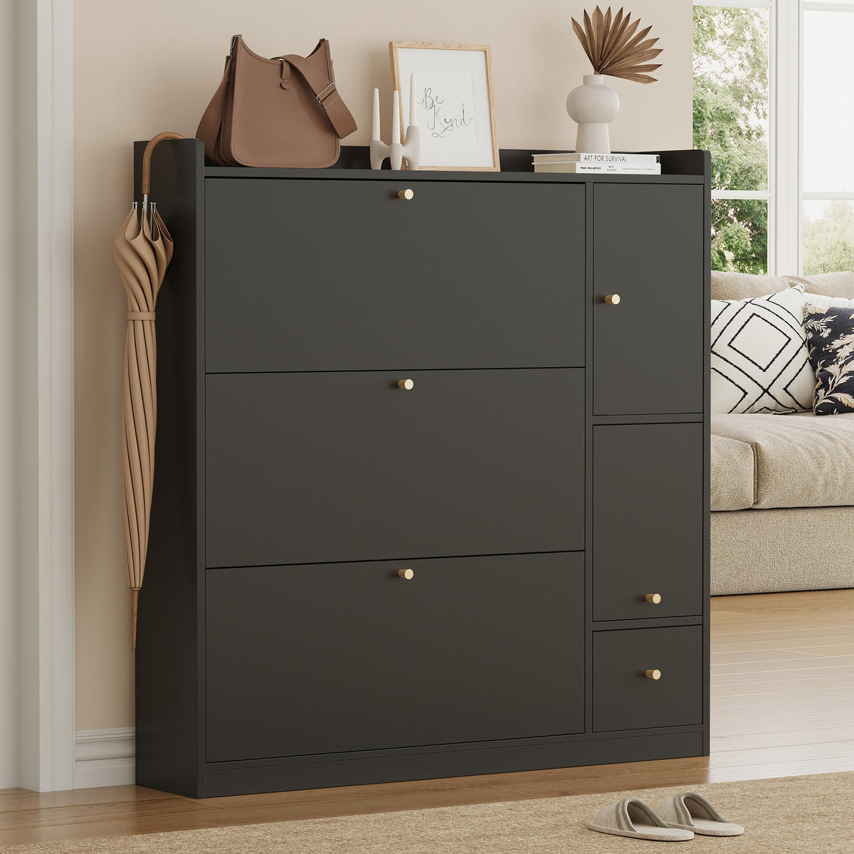 SCHUHSCHRANK mit Klappen 119/24/122 cm in Schwarz mit Sitzbank und Schublade - Schwarz, Holzwerkstoff (119/122/24cm) - BEAOK