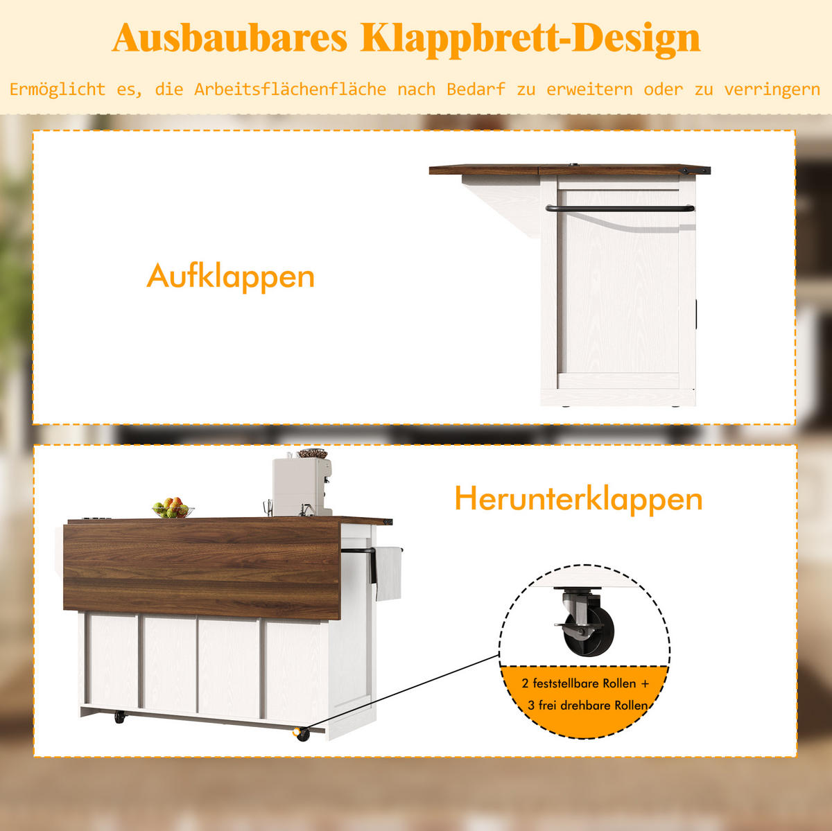 KÜCHENINSELWAGEN mit ausziehbarer Arbeitsplatte 120,2 x 45,3/75 x 91,5 cm Weiß - Weiß, Holz (45.3/91.5/120.2cm) - Beauniv