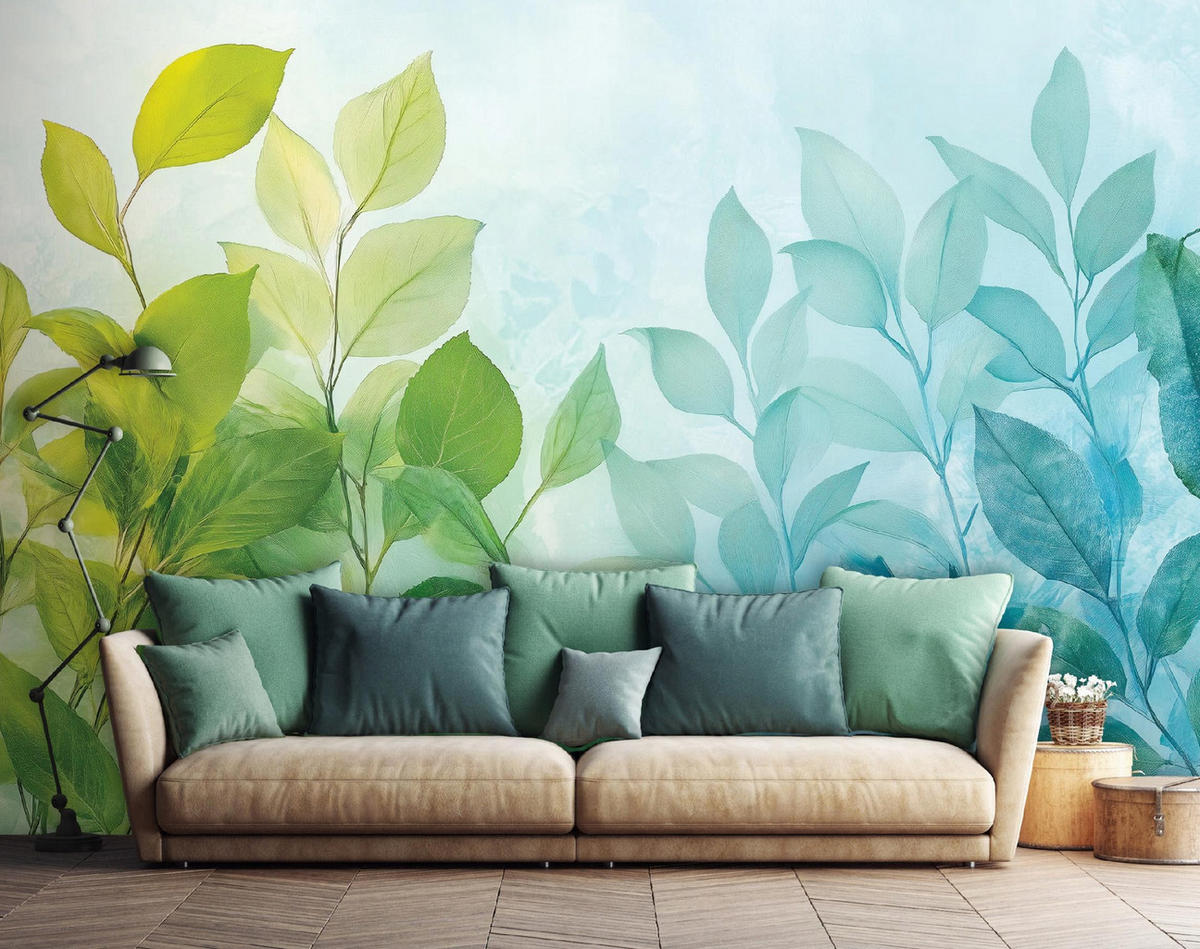 FOTOTAPETE Blätter Grün Blau Wohnzimmer Vlies Tapete 400x280 - Multicolor, Papier (400/280cm) - Wallarena