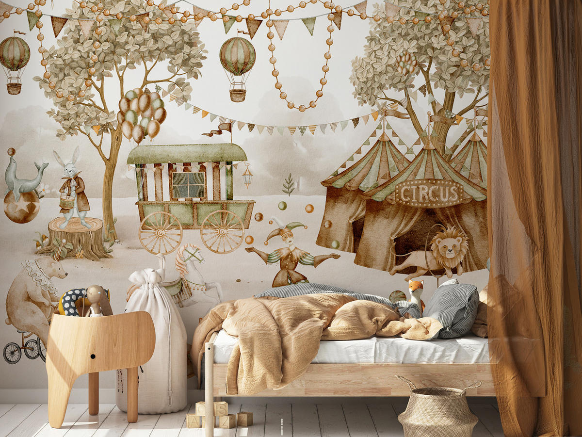 FOTOTAPETE für Kinderzimmer Zirkus Zelt Tiere Ballons Aquarell Bäume 350x256 - Ecru/Beige, Papier (350/256cm) - Muralo