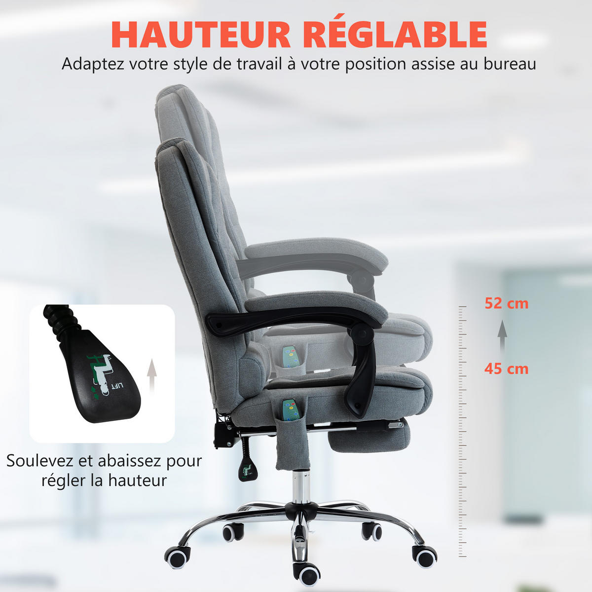 CHEFSESSEL DE-11833 Massage & Heizung Grau - Dunkelgrau, Textil (65/119/70cm) - ComfortXL