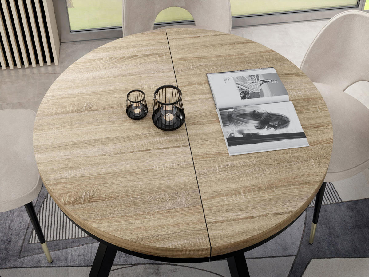 ESSTISCH Lume runder ausziehbarer, Sonoma Eiche 100-150/100/76 cm - Schwarz/Braun, Holz/Holzwerkstoff (100/150/76cm) - WFL GROUP