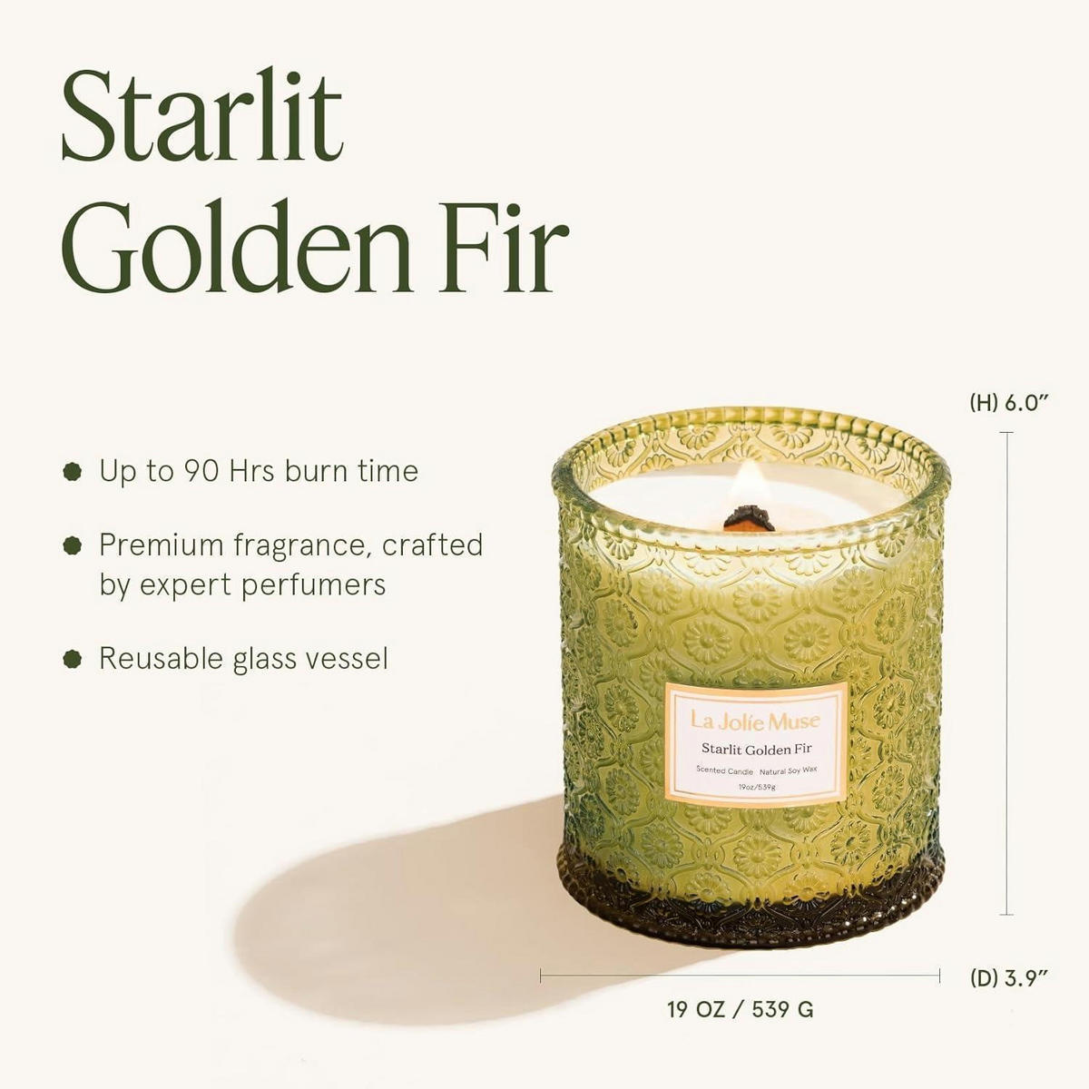 DUFTKERZE Starlit Golden Fir mit Holzdocht 90 Stunden Brenndauer - Grün, Paraffin (20cm)