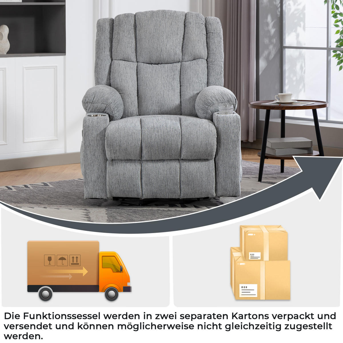 MASSAGESESSEL in Hellgrau 84x91x106 cm mit elektrischer Aufstehhilfe und Wärmefunktion - Hellgrau, Textil (91/106/84cm) - IVMEU
