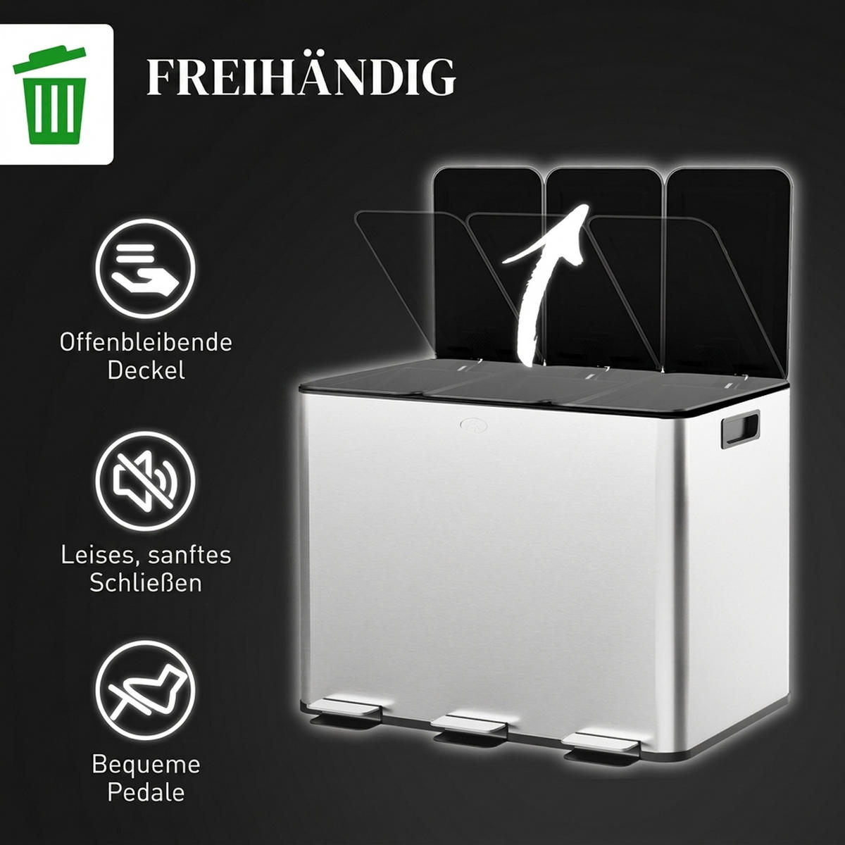 MÜLLEIMER 3x10L Abfalleimer aus Edelstahl mit Softclose Deckel Deodorant-Fächern - Silberfarben, Metall (34.5/38.6/49.6cm) - HOMCOM