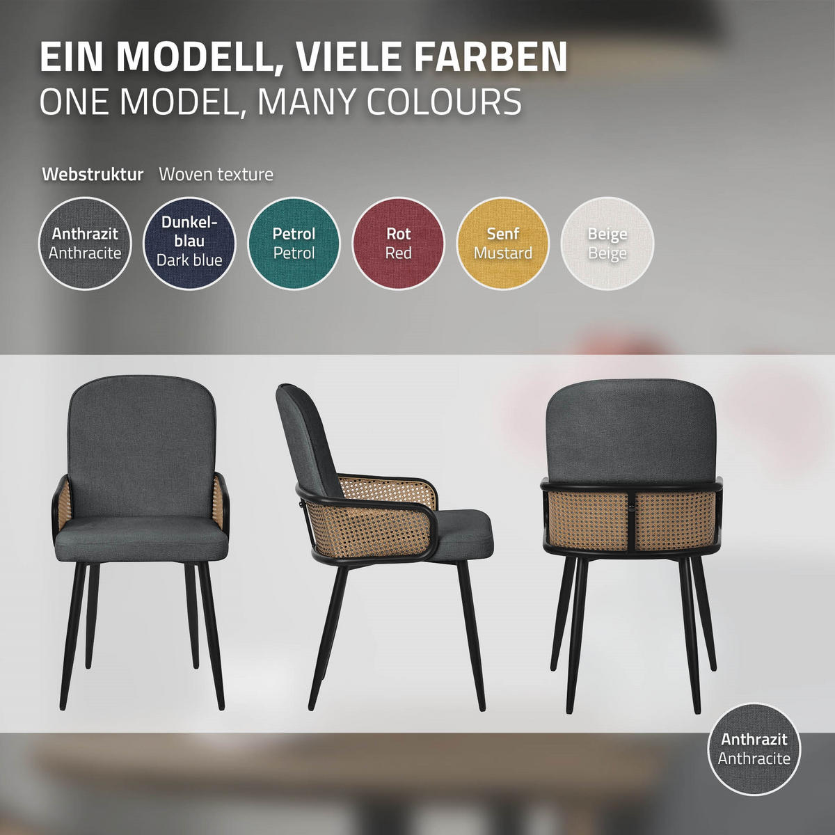 ESSZIMMERSTÜHLE 4er Set Anthrazit mit Stoffbezug Rattan Optik - Anthrazit/Schwarz, Naturmaterialien/Textil (51/91/61cm) - ML-DESIGN