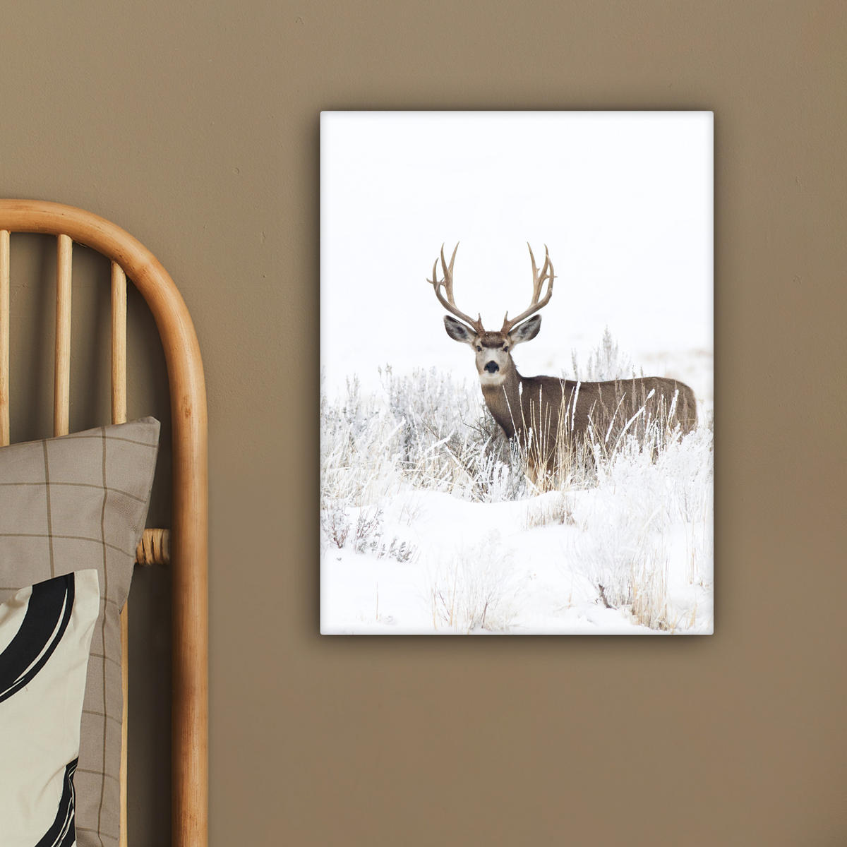 LEINWANDBILD Hirsche - Winter - Schnee - Tiere - Jahreszeiten - Weiß 30x40 cm - Hellbraun, Textil (30/40cm) - MuchoWow