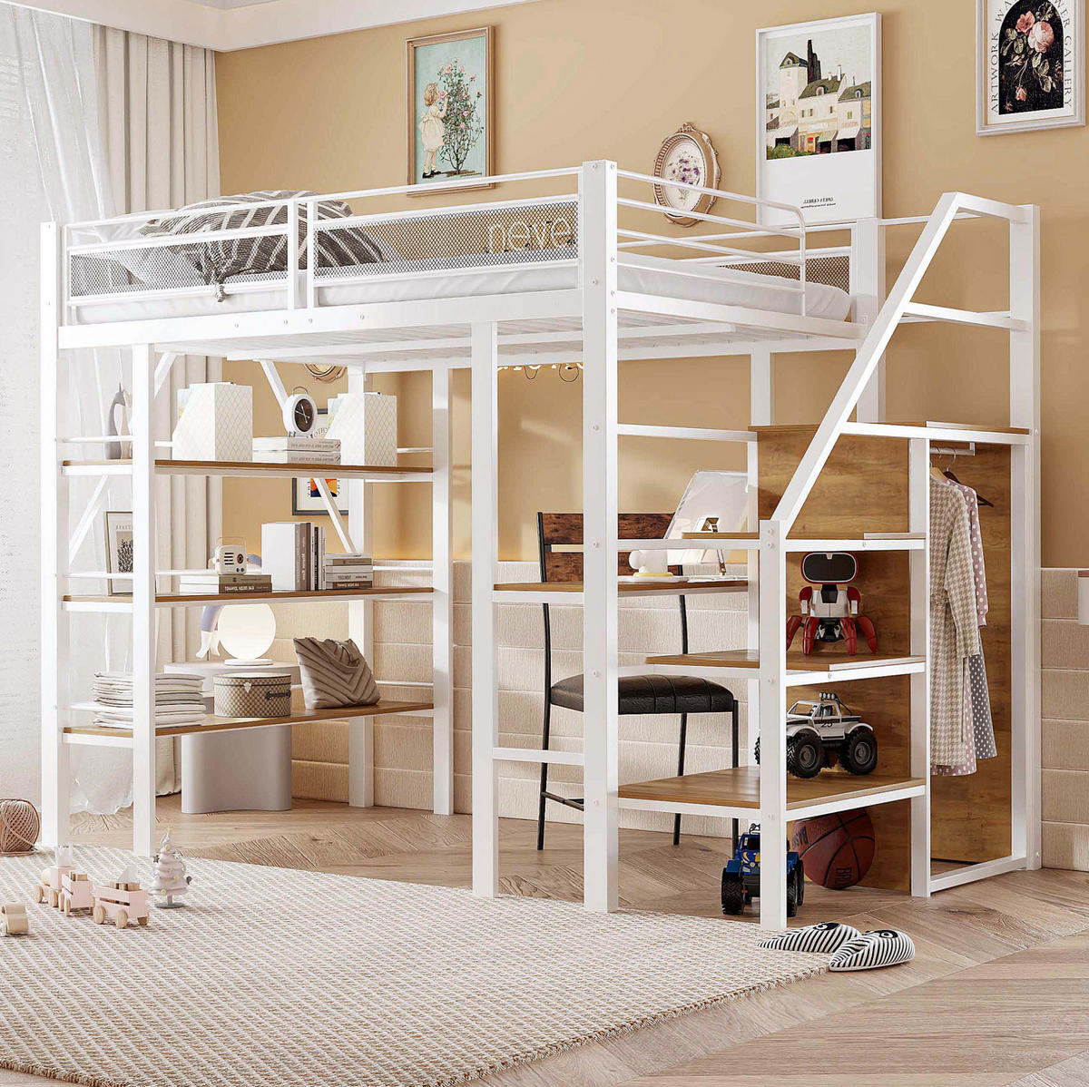 HOCHBETT 140/200 cm Weiß aus Metall mit Schreibtisch und Kleiderschrank - Weiß, Metall (140/200cm) - MIVRAY