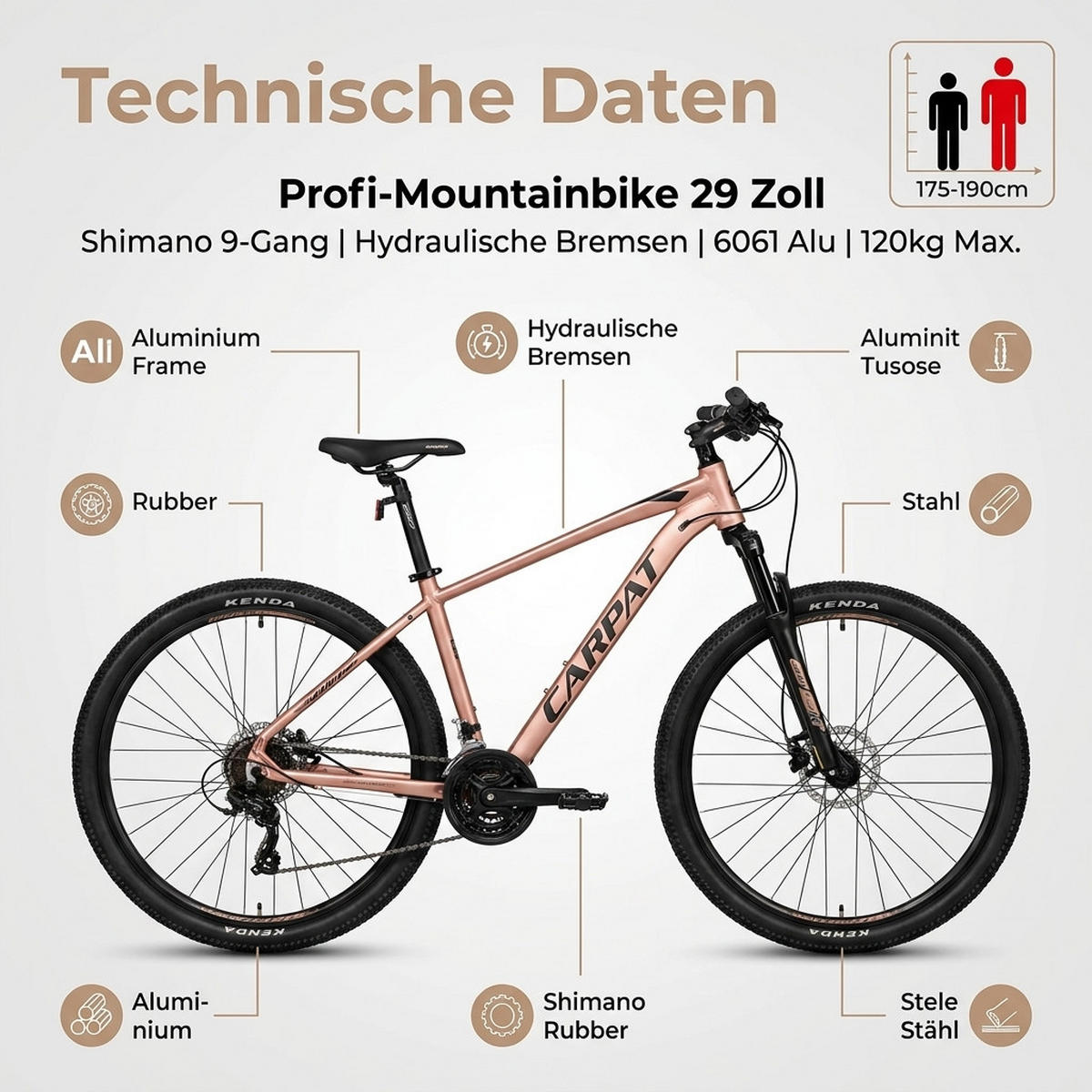 MOUNTAINBIKE 26 Zoll Braun – Hydraulische Scheibenbremsen – 1x9 Gangschaltung – Aluminiumlegierung - Braun, Metall (20cm) - Oxeza