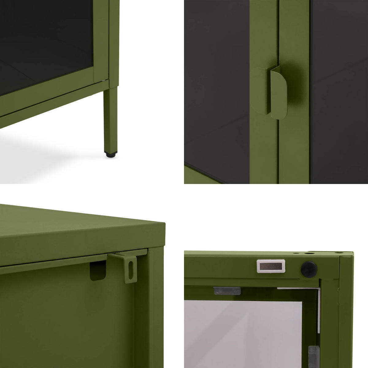 TV-STÄNDER Metall industriell EZRA, 130 cm, 3 Türen, Olivgrün und Sicherheitsglas - Olivgrün, Metall (130/55/40cm) - Sicaan