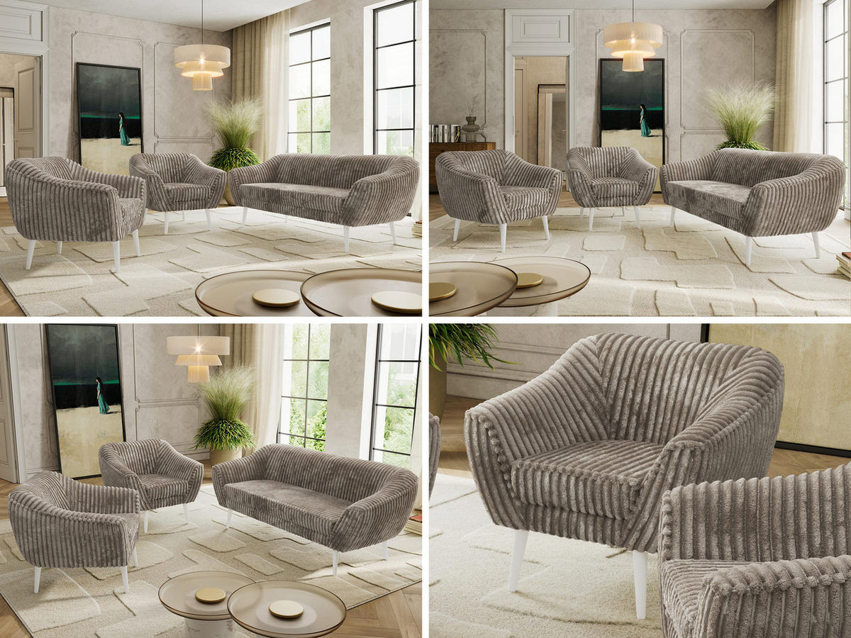 SEDACÍ SOUPRAVA 3+1+1 PIRS - Světle hnědá Manšestr - Bílé nohy - bílá/světle hnědá, kompozitní dřevo/textil (180/75/74cm) - MKS