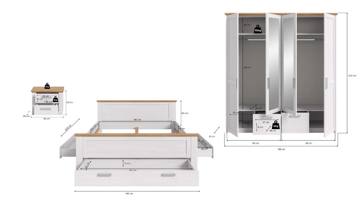 SCHLAFZIMMER weiß Lärche, Eiche Artisan Landhaus, Komplettset mit Bett Liegefläche 180 x 200 cm - Eichefarben/Silberfarben, Holzwerkstoff/Kunststoff (180/200cm) - Inn.Furn