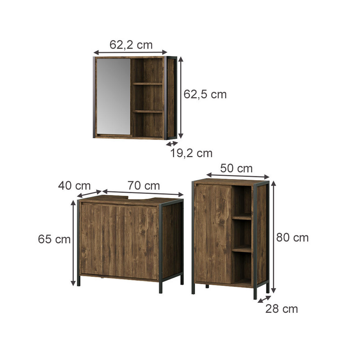BADMÖBEL-SET Naola Eiche/Schwarz 3 Teile - Eichefarben/Schwarz, Holzwerkstoff (70/65/40cm) - Vicco