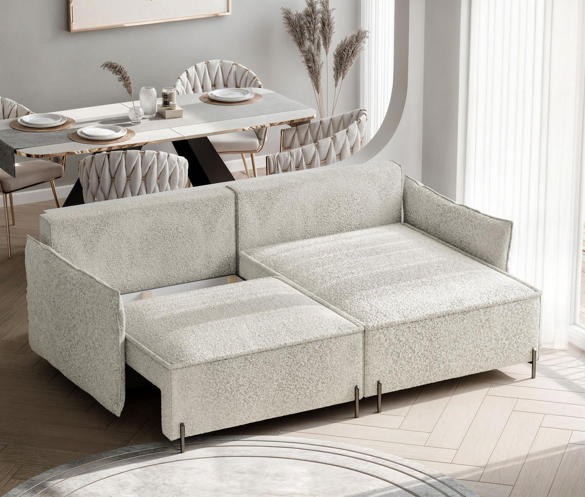 ECKSOFA MARCO Rechts, mit Schlaffunktion und Bettkasten, Creme - Creme, Textil/Metall (221/148cm) - Idohome