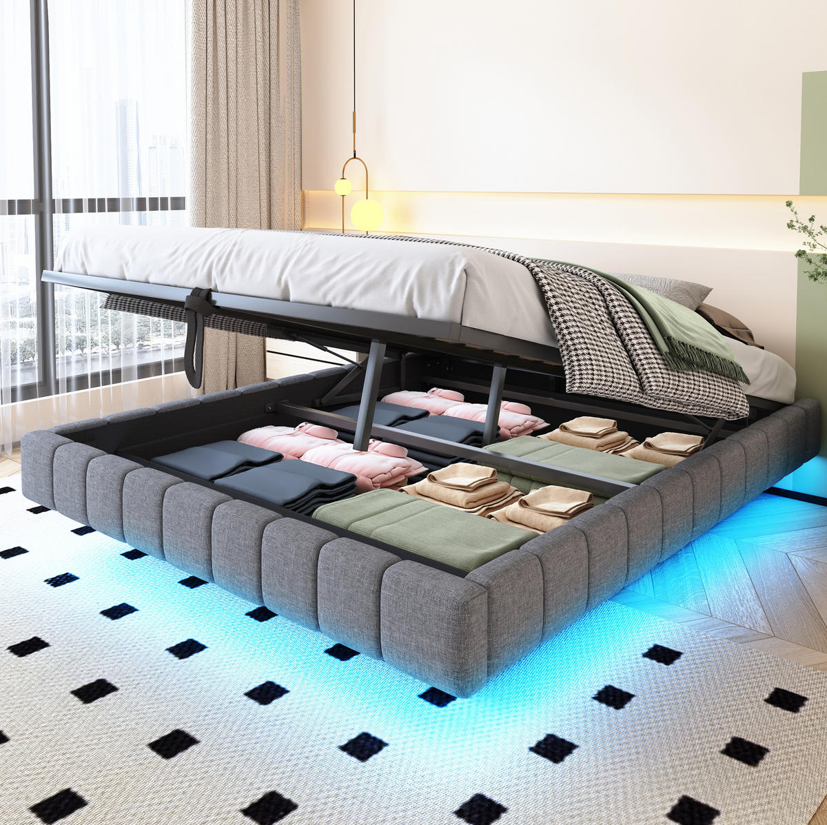 ČALÚNENÁ posteľ z látky a kovu 160x200 cm sivá s LED osvetlením a úložným priestorom, bez čela - sivá, textil (160/200cm) - Modfu