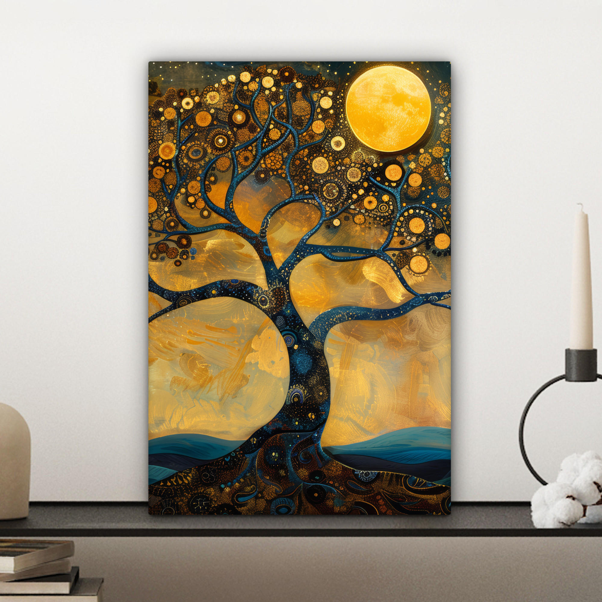 LEINWANDBILD Baum - Mond - Blumen - Gold - Kunst 20x30 cm - Orange, Textil (20/30cm) - MuchoWow