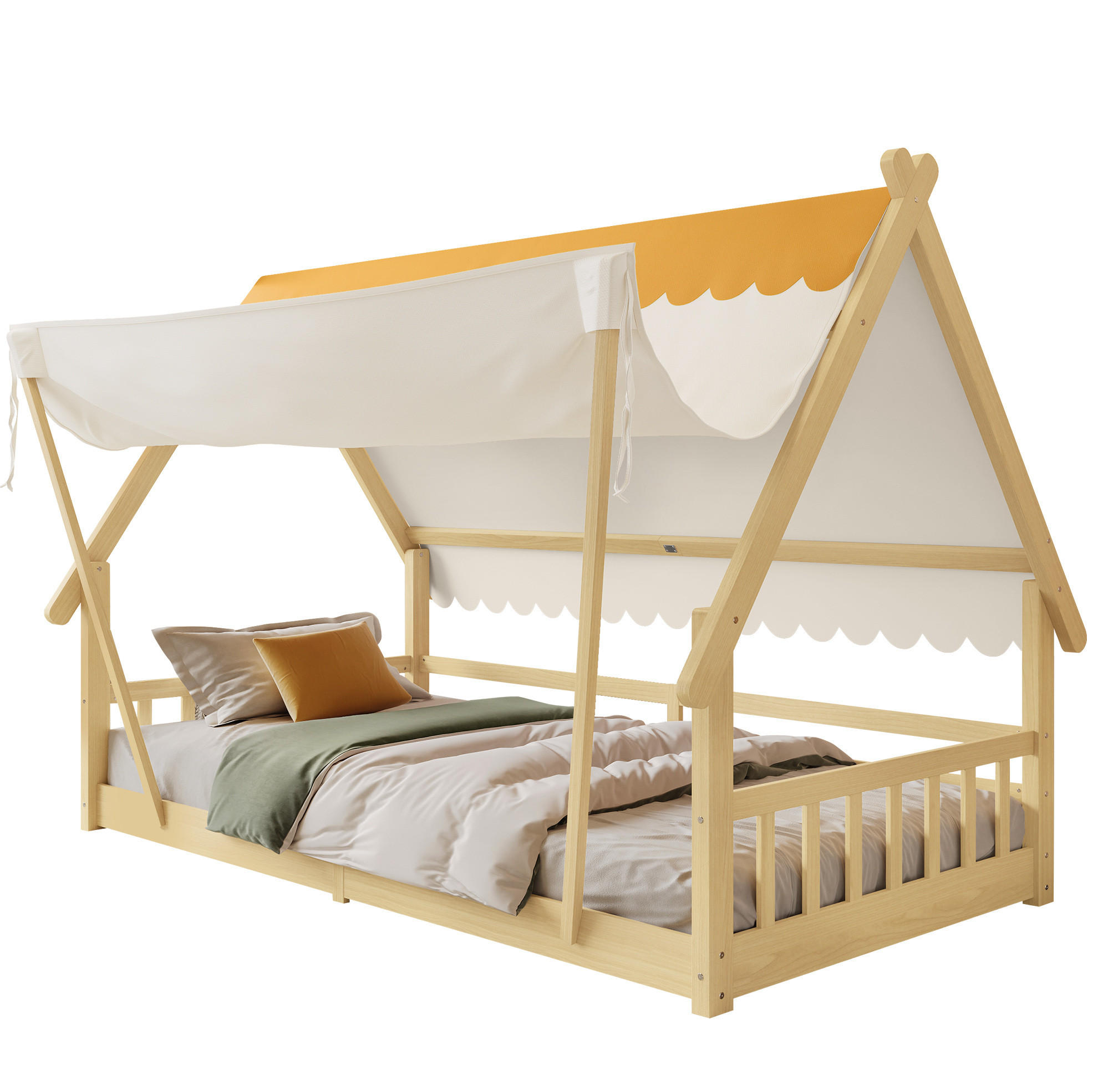HAUSBETT aus Kiefer und Sperrholz 90x200 cm Weiß/Natur mit abnehmbarem Zelt und Sicherheitsgeländer - Weiß, Holzwerkstoff (90/200cm) - Modfu