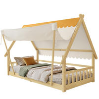 HAUSBETT aus Kiefer und Sperrholz 90x200 cm Weiß/Natur mit abnehmbarem Zelt und Sicherheitsgeländer - Weiß, Holzwerkstoff (90/200cm) - Modfu