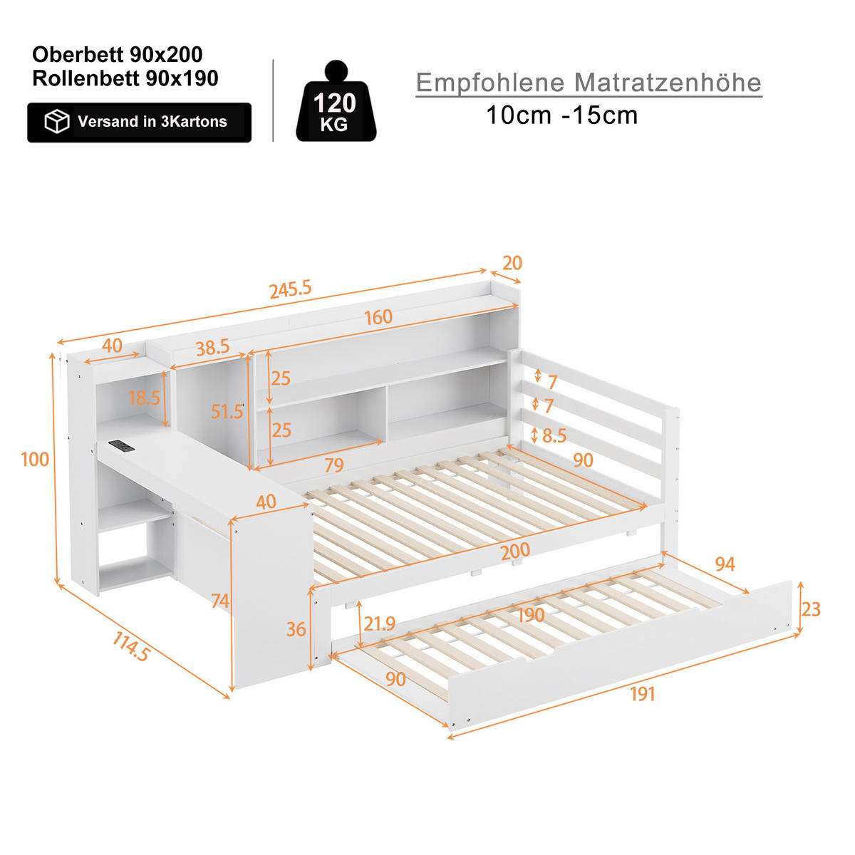BETT aus Massivholz mit Schreibtisch und Regalen Weiß 90/200 cm - Weiß, Holz (90/200cm) - OKWISH