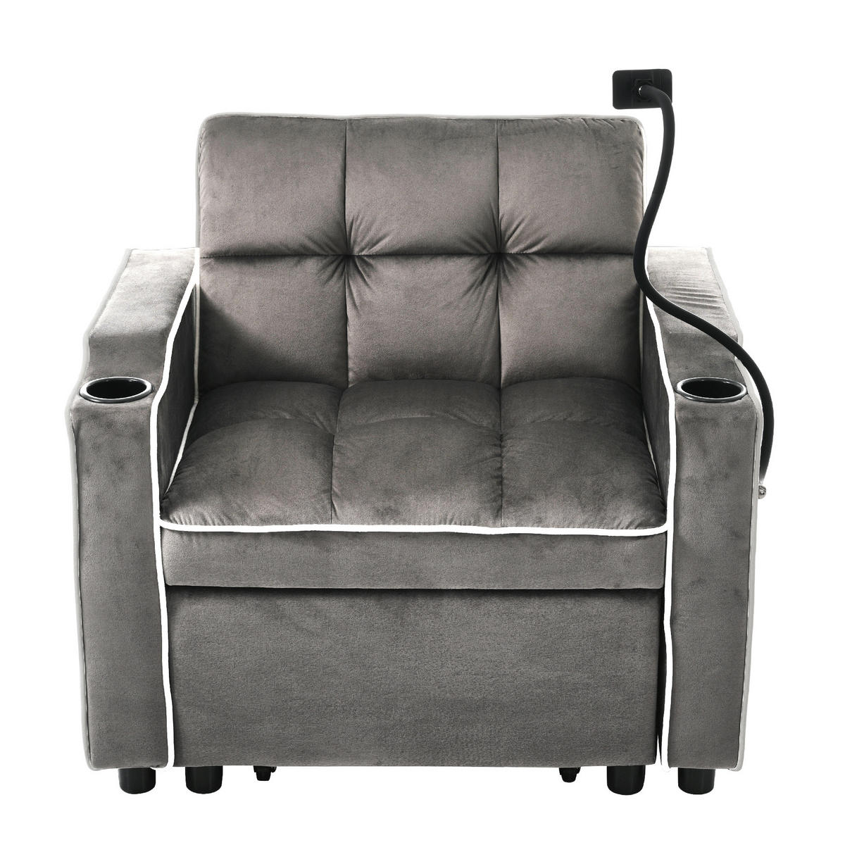 SCHLAFSESSEL aus Samt 83x167x76 cm Antik-Dunkelgrau 3-in-1 ausziehbar mit Getränkehaltern und Handyhalterung - Dunkelgrau, Kunststoff (167/76/83cm) - Modfu